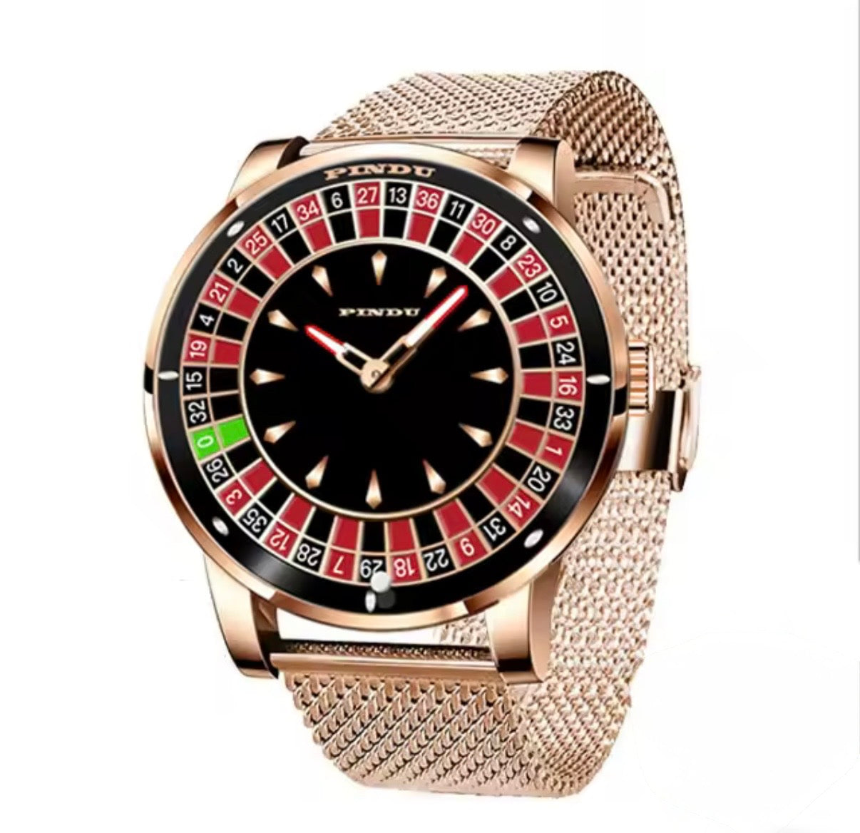PINDU PD6617 rose gold roulette watch on matching mesh bracelet, angled to show the black dial