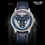 PINDU PD6618 watch feature graphic with minute scale and hour hand callouts on blue dial
