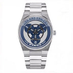 PINDU PD6618 rotating dial watch front view with blue dial and stainless steel bracelet