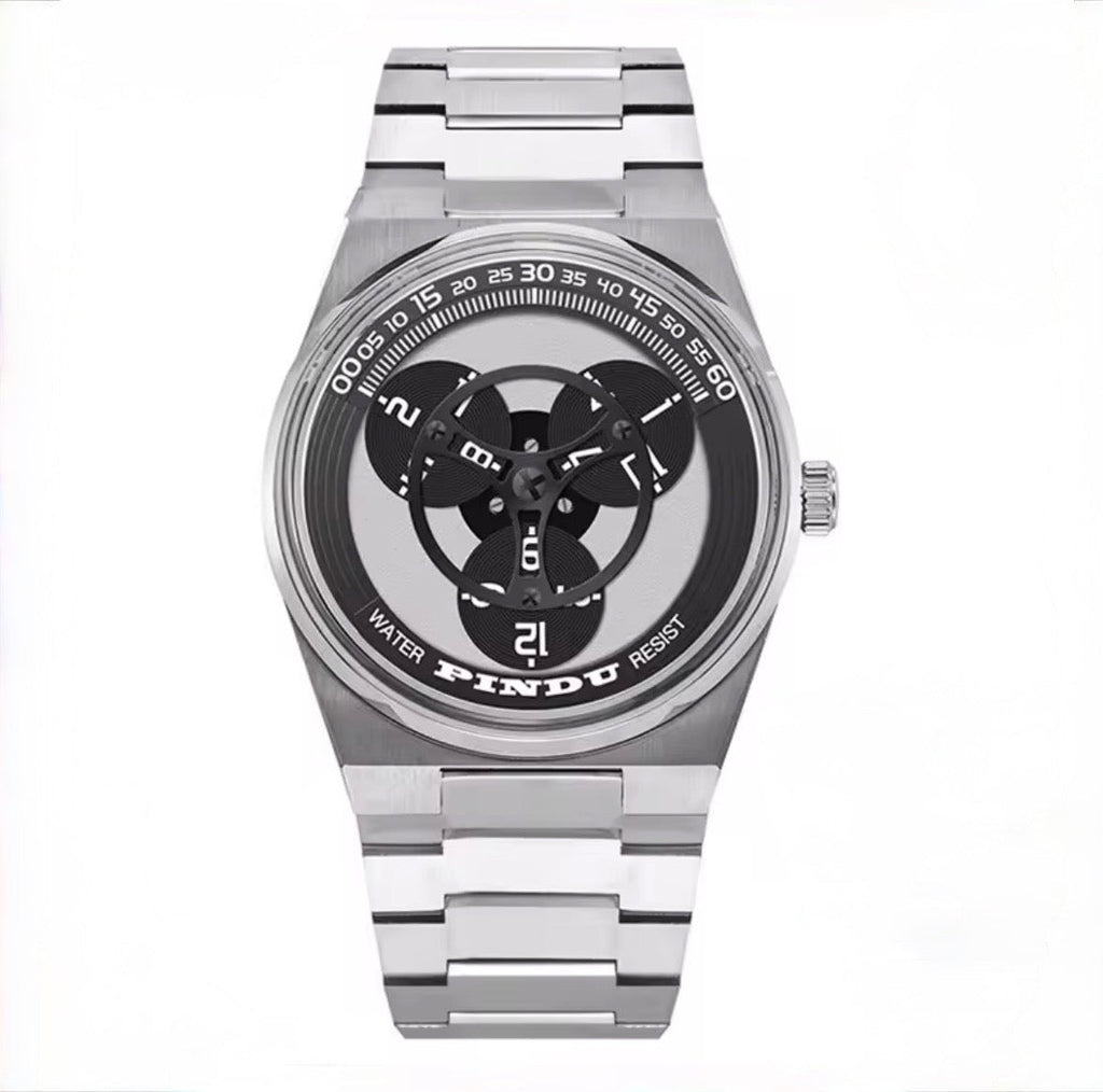 PINDU PD6618 rotating dial watch front view with black dial and stainless steel bracelet