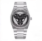 PINDU PD6618 rotating dial watch front view with black dial and stainless steel bracelet