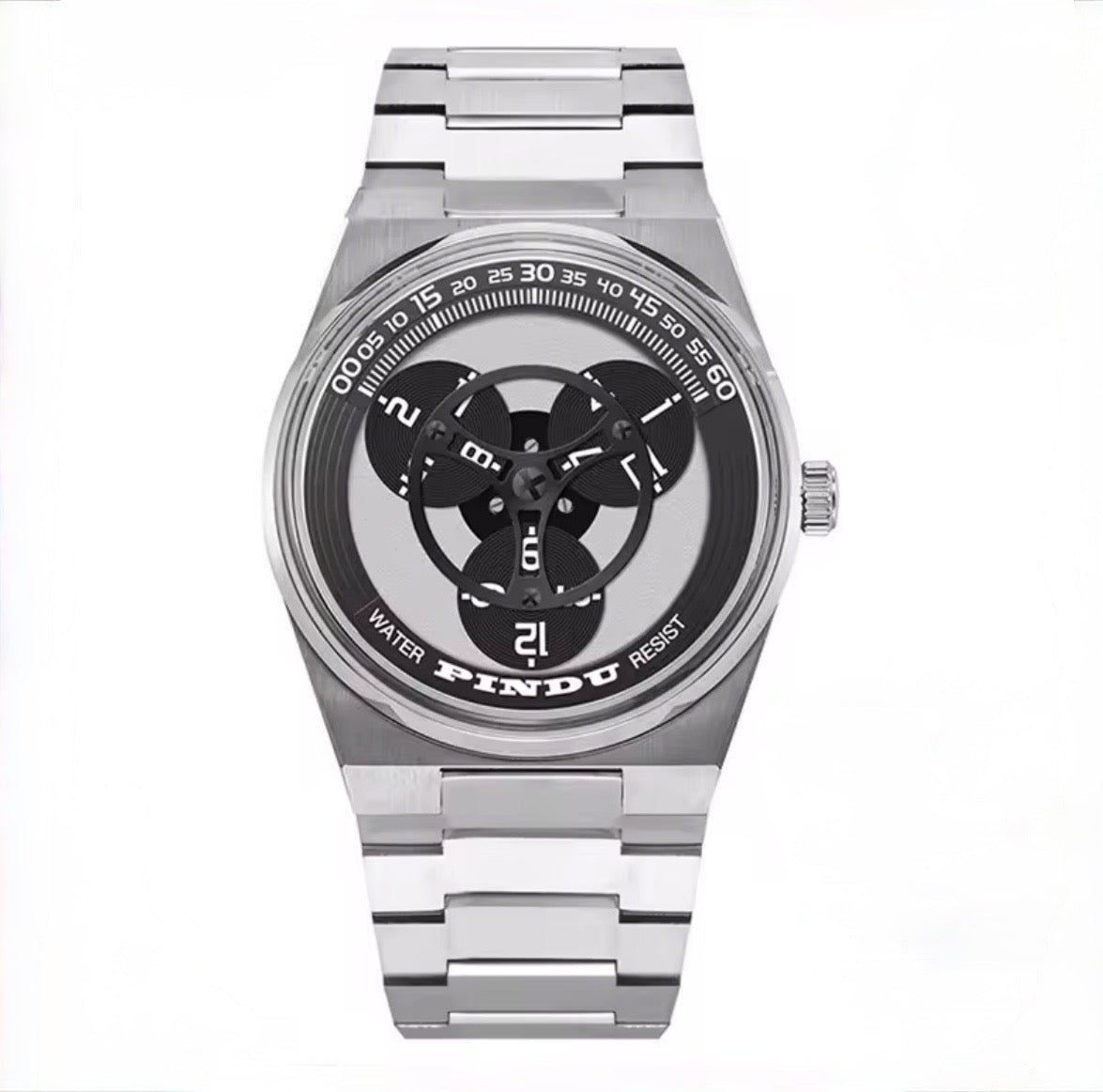 PINDU PD6618 rotating dial watch front view with black dial and stainless steel bracelet