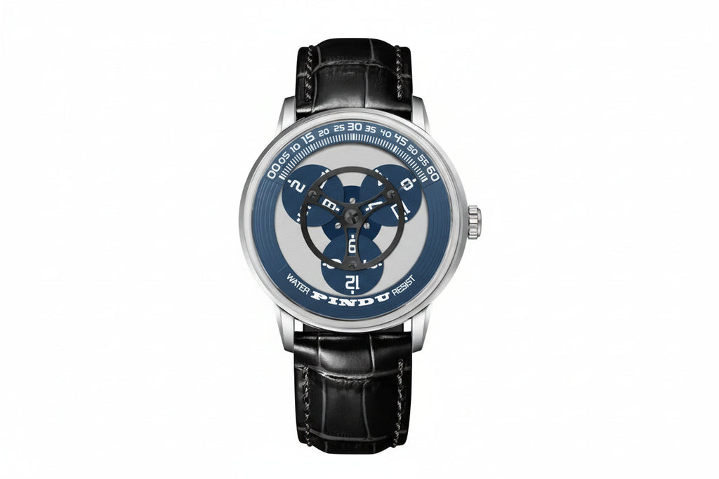 PINDU PD6618 rotating dial watch front view with blue dial and black leather strap