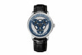 PINDU PD6618 rotating dial watch front view with blue dial and black leather strap