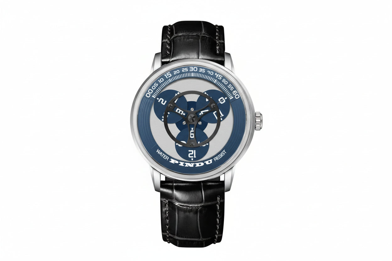 PINDU PD6618 rotating dial watch front view with blue dial and black leather strap