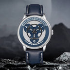 PINDU PD6618 rotating dial men's watch with silver case, blue dial and blue leather strap, front view
