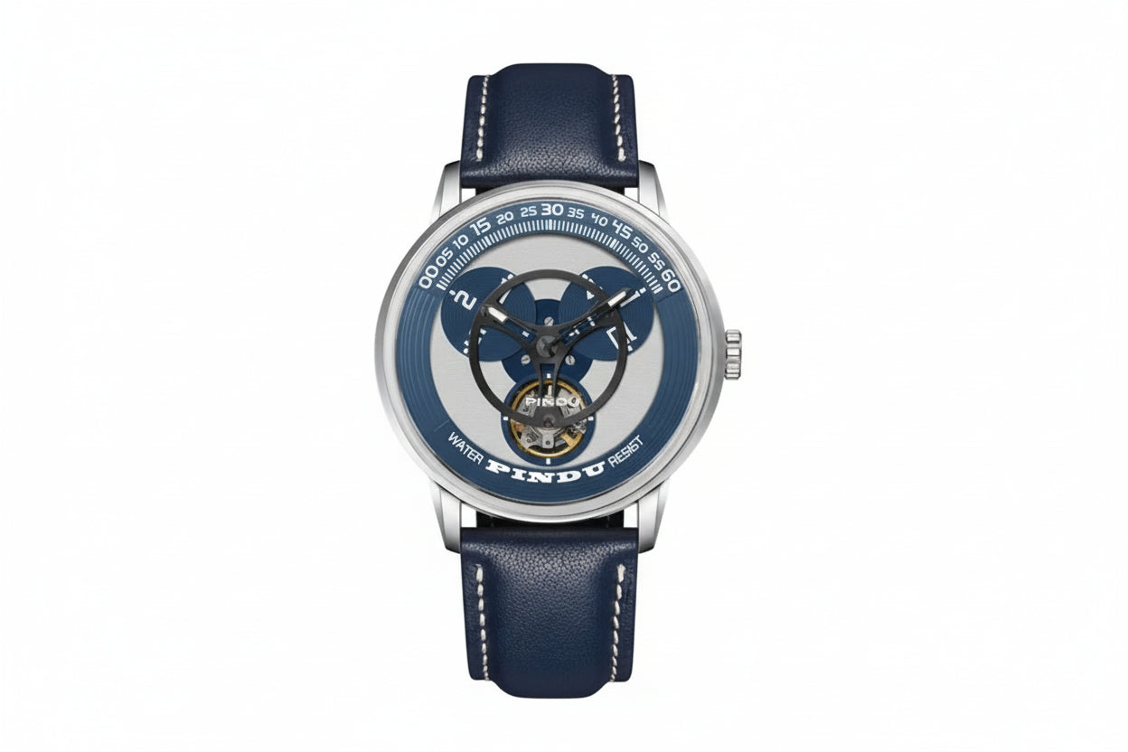 PINDU PD6618 rotating dial watch front view with blue dial and blue leather strap