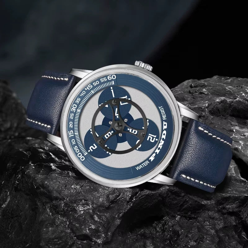 PINDU PD6618 rotating dial watch lifestyle shot on dark stone with blue dial and blue strap