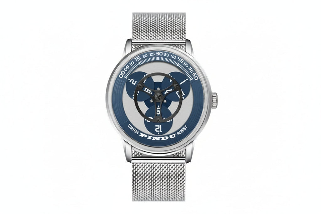 PINDU PD6618 rotating dial watch front view with blue dial and silver mesh bracelet