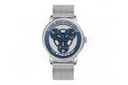 PINDU PD6618 rotating dial watch front view with blue dial and silver mesh bracelet