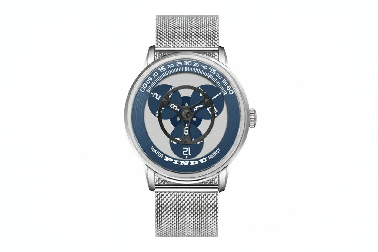 PINDU PD6618 rotating dial watch front view with blue dial and silver mesh bracelet