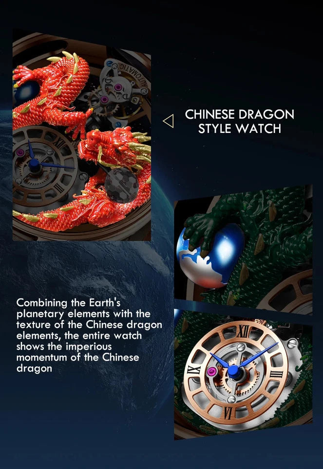 PINDU PD6622 Celestial Body 3D dragon watch feature graphic showing red and green dragon dial details
