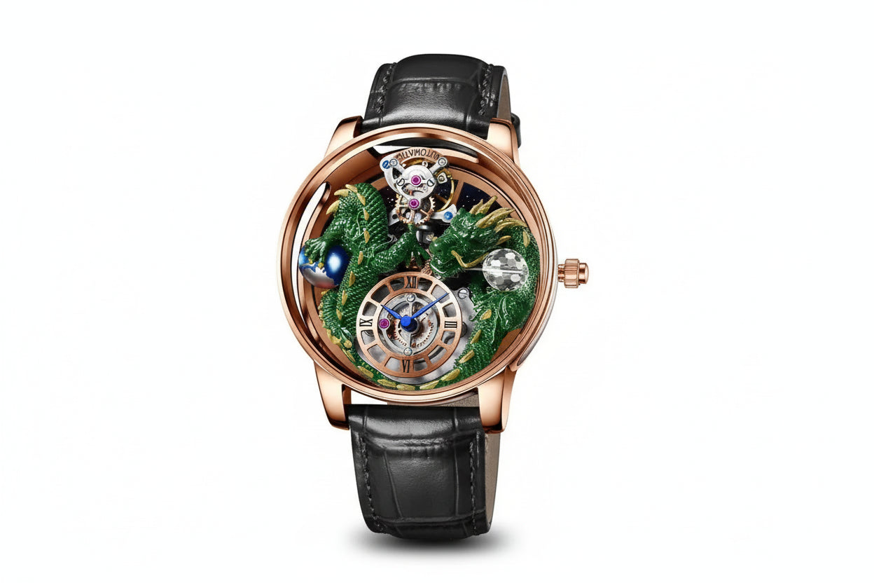 PINDU PD6622 Celestial Body 3D dragon watch rose gold case green dragon with black leather strap, angled