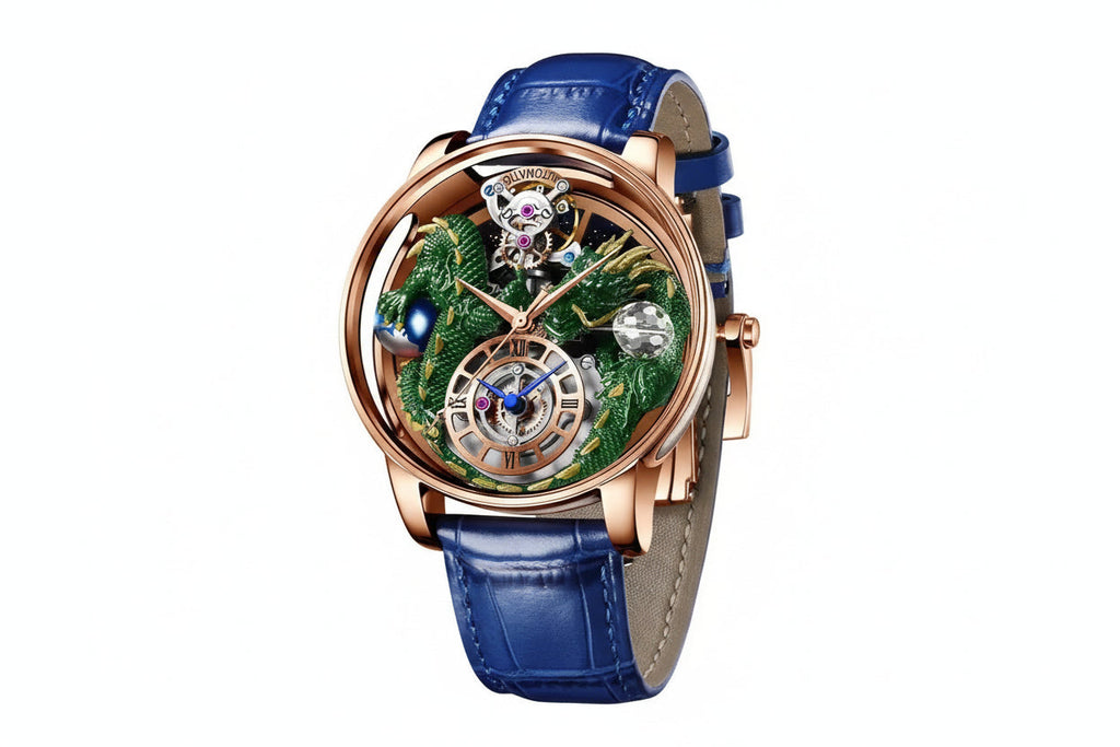 PINDU PD6622 Celestial Body 3D dragon watch rose gold case green dragon with blue leather strap, angled