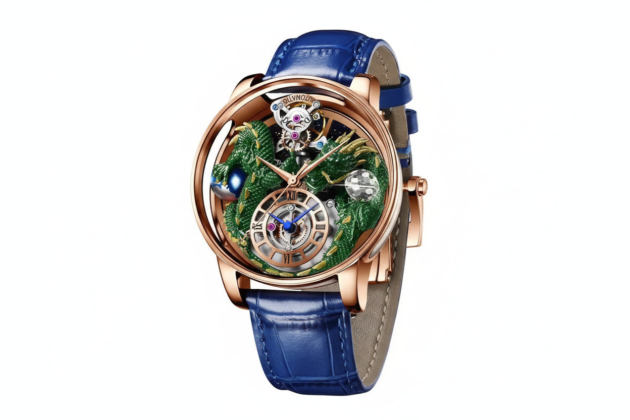 PINDU PD6622 Celestial Body 3D dragon watch rose gold case green dragon with blue leather strap, angled