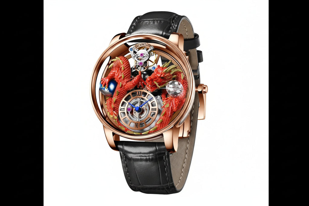 PINDU PD6622 Celestial Body 3D dragon watch rose gold case red dragon with black leather strap, angled
