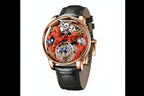 PINDU PD6622 Celestial Body 3D dragon watch rose gold case red dragon with black leather strap, angled