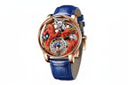 PINDU PD6622 Celestial Body 3D dragon watch rose gold case with red dragon and blue leather strap, angled
