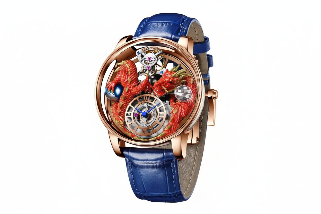 PINDU PD6622 Celestial Body 3D dragon watch rose gold case with red dragon and blue leather strap, angled