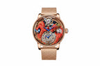 PINDU PD6622 Celestial Body 3D dragon watch rose gold case with red dragon and earth orb, mesh bracelet, front