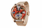 PINDU PD6622 Celestial Body 3D dragon watch rose gold case red dragon with rose gold mesh bracelet, angle