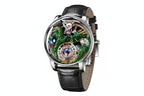 PINDU PD6622 Celestial Body 3D dragon watch silver case green dragon with black leather strap, angled view