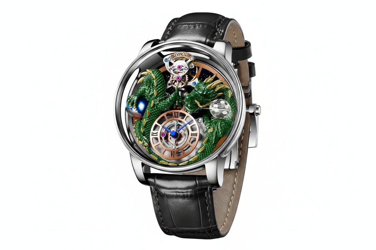 PINDU PD6622 Celestial Body 3D dragon watch silver case green dragon with black leather strap, angled view