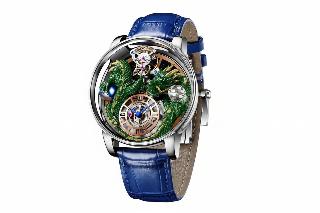 PINDU PD6622 Celestial Body 3D dragon watch silver case with green dragon dial and blue leather strap, angle