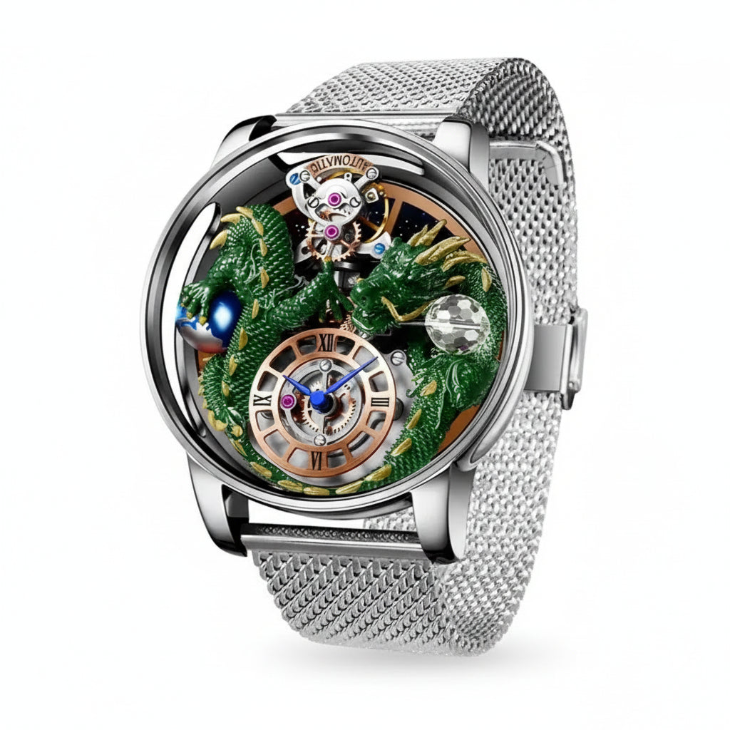 PINDU PD6622 Celestial Body 3D dragon watch silver case green dragon with silver mesh bracelet, angled
