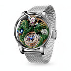 PINDU PD6622 Celestial Body 3D dragon watch silver case green dragon with silver mesh bracelet, angled