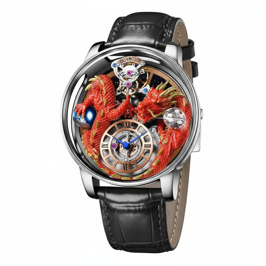 PINDU PD6622 Celestial Body 3D dragon watch silver case with red dragon and black leather strap, angled