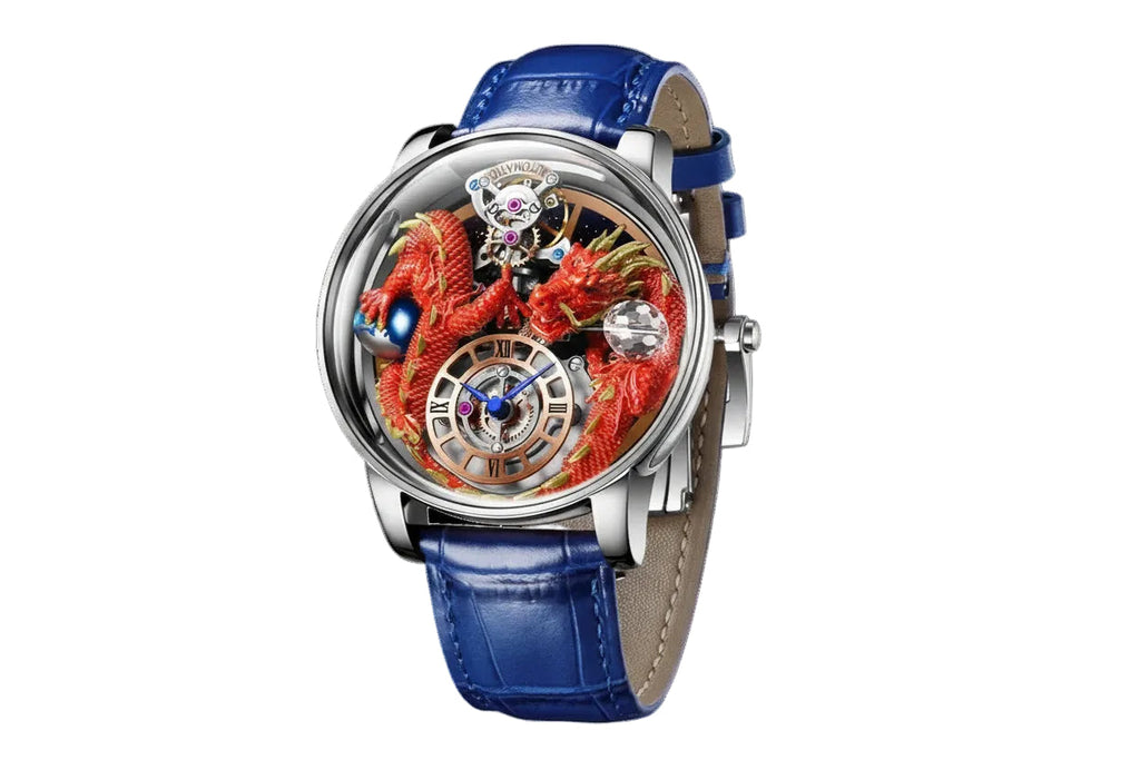PINDU PD6622 Celestial Body 3D dragon watch silver case red dragon with blue leather strap, angled view