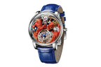 PINDU PD6622 Celestial Body 3D dragon watch silver case red dragon with blue leather strap, angled view