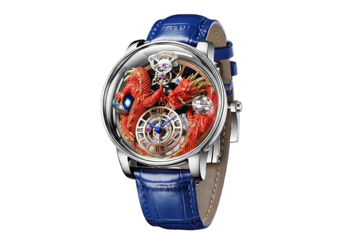 PINDU PD6622 Celestial Body 3D dragon watch silver case red dragon with blue leather strap, angled view