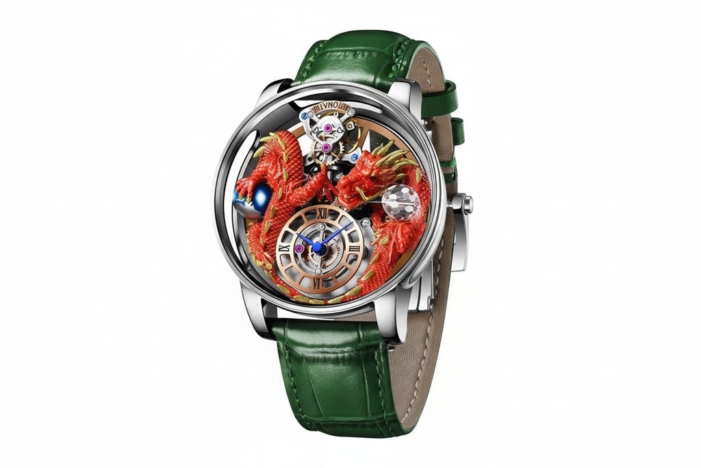 PINDU PD6622 Celestial Body 3D dragon watch silver case red dragon with green leather strap, angled view