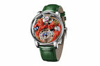 PINDU PD6622 Celestial Body 3D dragon watch silver case red dragon with green leather strap, angled view