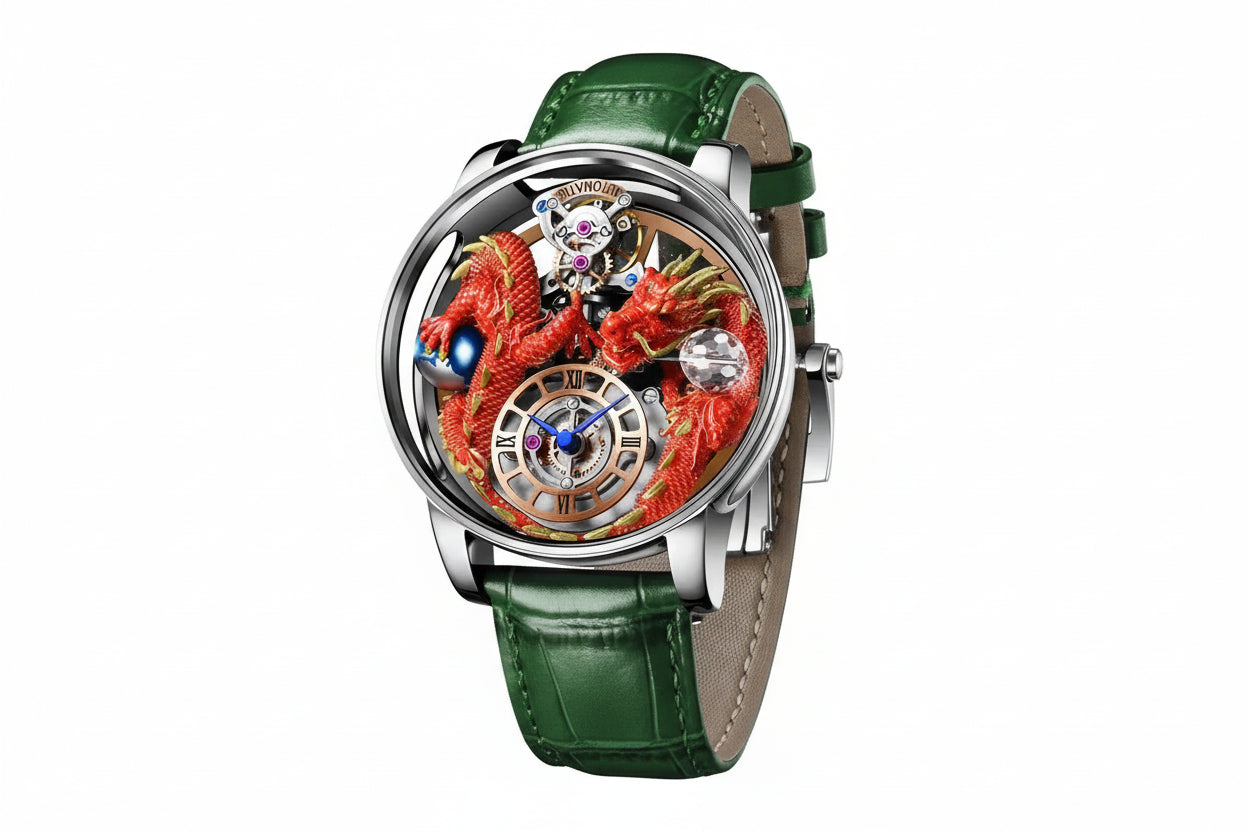 PINDU PD6622 Celestial Body 3D dragon watch silver case red dragon with green leather strap, angled view