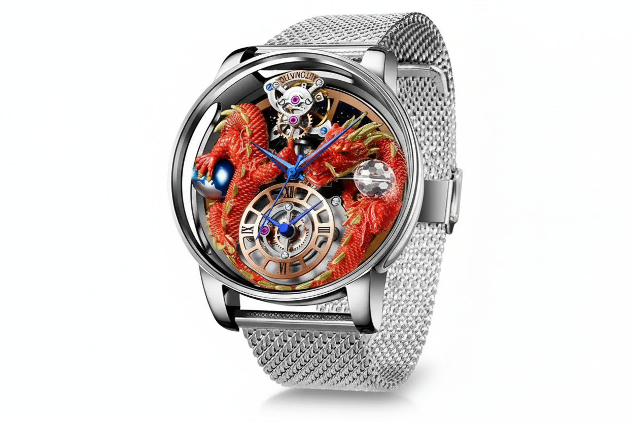 PINDU PD6622 Celestial Body 3D dragon watch silver case red dragon with silver mesh bracelet, angled