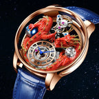 PINDU PD6622 Celestial Dragon rose gold men's watch with red dragon dial and blue leather strap
