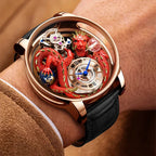 PINDU PD6622 Celestial Dragon rose gold men's watch with red dragon dial worn on wrist