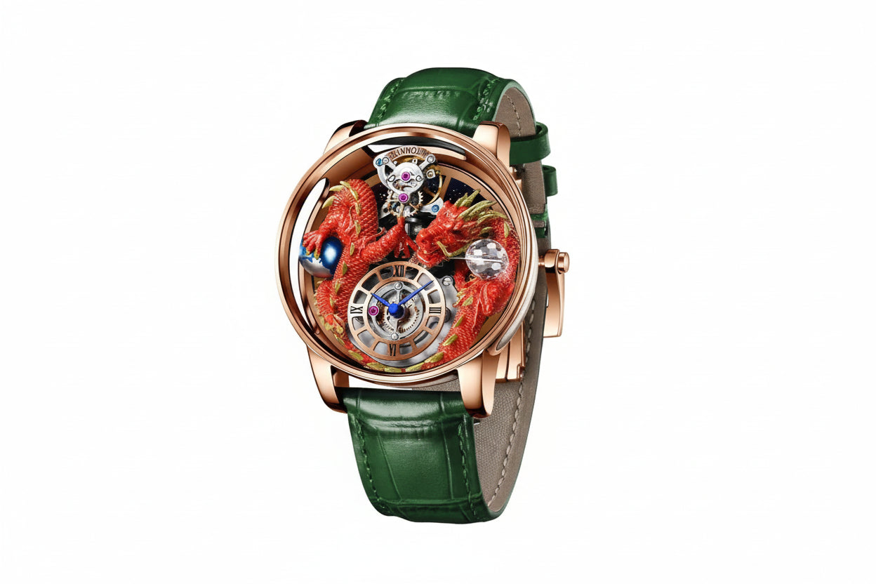 PINDU PD6622 rose gold case with red dragon skeleton dial on green leather strap, angled view