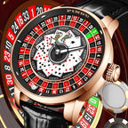 PINDU PD6626 rotary roulette watch with rose gold case, playing card dial and black leather strap, front view