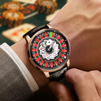 PINDU PD6626 rotary roulette watch with rose gold case and black leather strap on wrist at casino