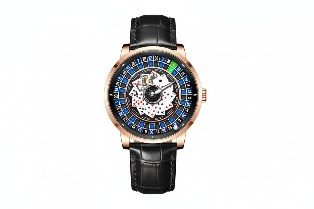 PINDU PD6626 roulette watch front view with blue dial rose gold case and black leather strap