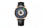 PINDU PD6626 roulette watch front view with blue dial rose gold case and black leather strap