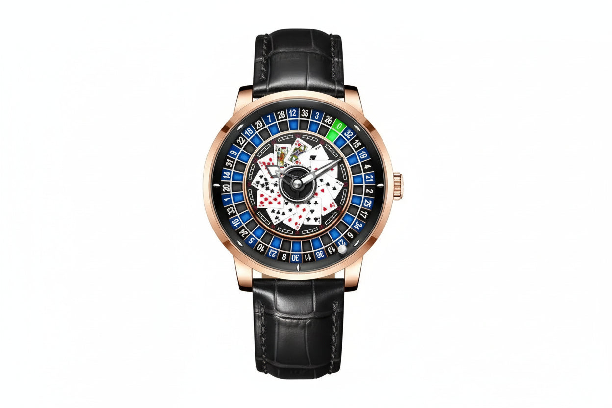 PINDU PD6626 roulette watch front view with blue dial rose gold case and black leather strap