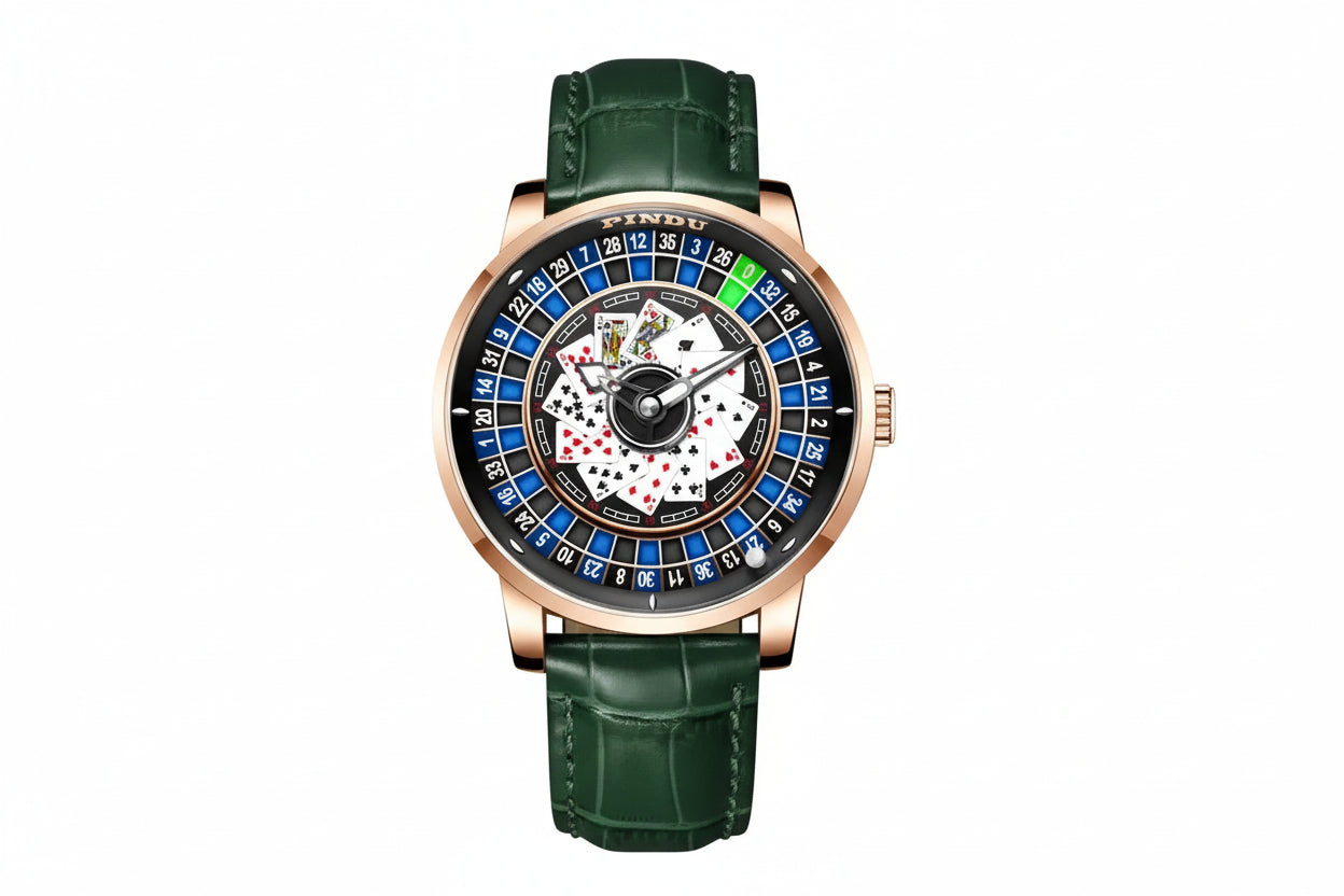 PINDU PD6626 roulette watch front view with blue dial rose gold case and green leather strap