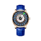 PINDU PD6626 roulette watch front view with blue dial rose gold case and blue leather strap