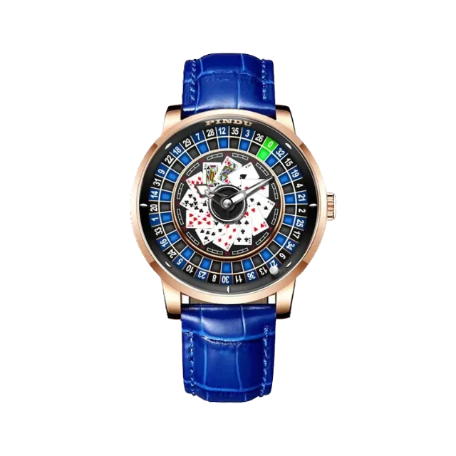 PINDU PD6626 roulette watch front view with blue dial rose gold case and blue leather strap
