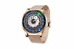 PINDU PD6626 blue roulette dial watch on a rose gold mesh bracelet, three-quarter angled view